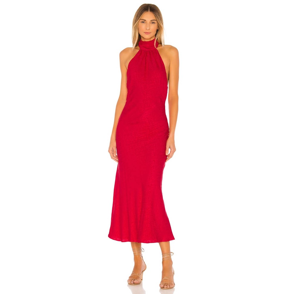 Lovers + Friends Leopard Red Corey Open Back Halter Midi Dress Medium